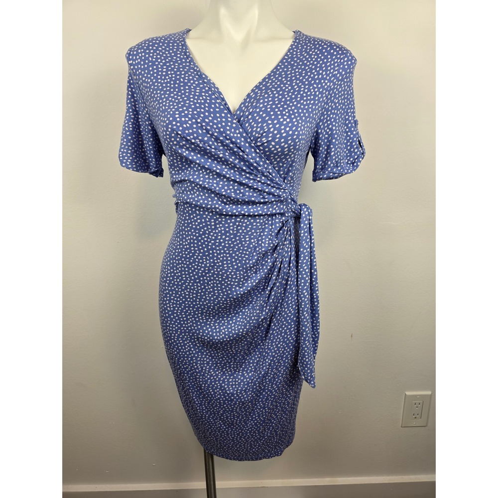 Seraphine Faux Wrap Dress Blue White Polka‎ Dot Maternity Career Casual 4